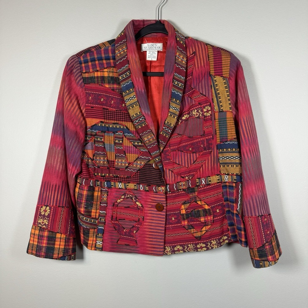 Sandy Starkman Small Blazer Red Multicolor Long Sleeve Patchwork Art to Wear